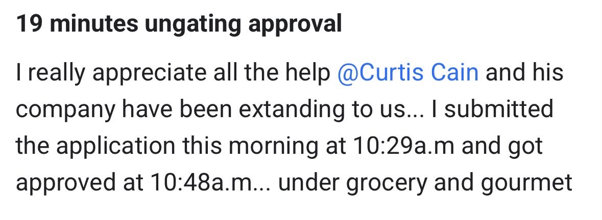Community post titled "19 minutes ungating approval" from a seller who submitted an application at 10:29 a.m. and was approved at 10:48 a.m. under Grocery and Gourmet.